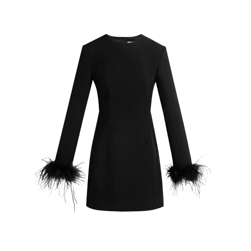 PURITY Elegant Modern Feathers minimalist long-sleeved little black dress- Dennie