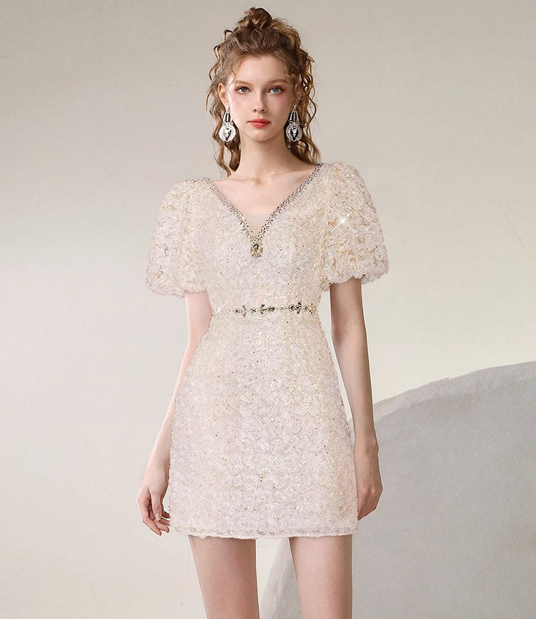 CHECOCRE summer new high-end fashion puff sleeve nail diamond dress - ROAR.