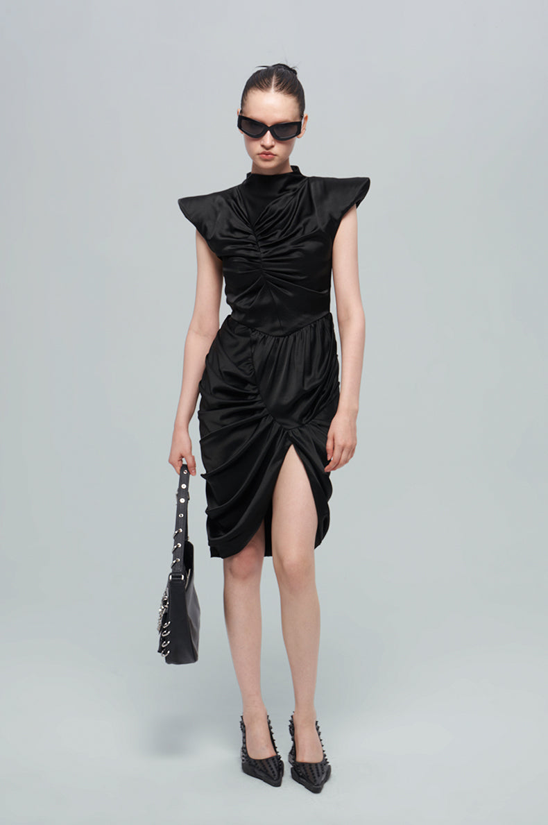 ANNAKIK black acetic multi-pleated three-dimensional flying sleeve dress-SHIGAKI