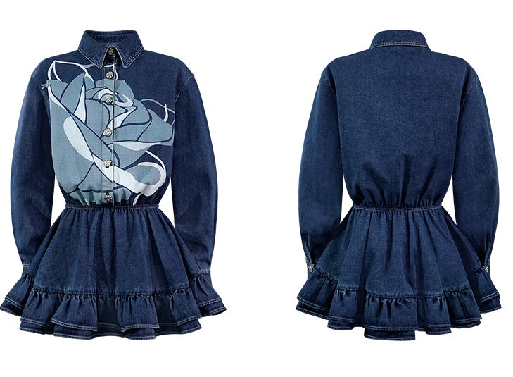 CHECOCRE Elegant Stubble Rose Print American Retro Denim Mini Dress - BETHANY