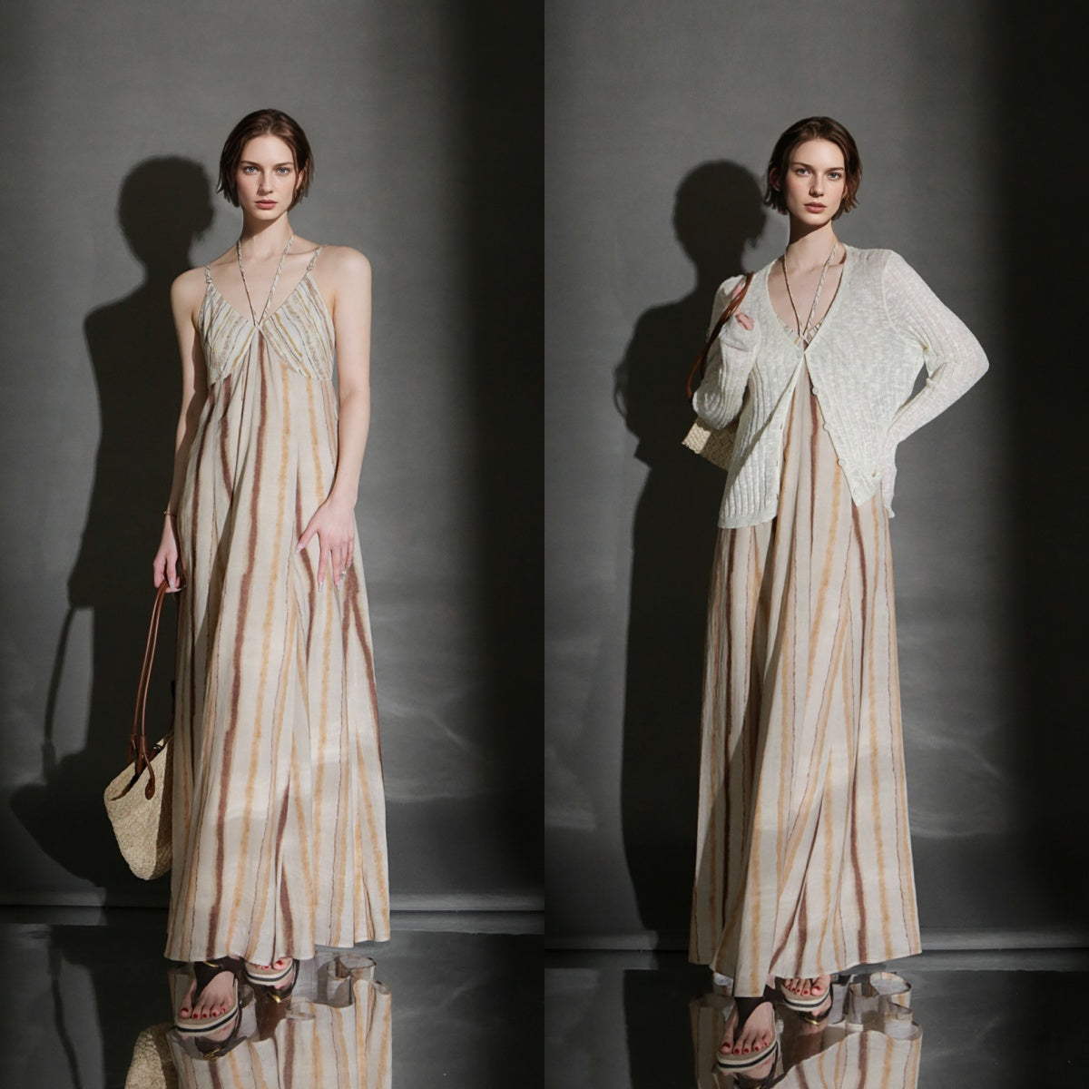 PIAOIN resort-style vertical stripe design sundress women's halterneck design cinched waist dress -GISELLE