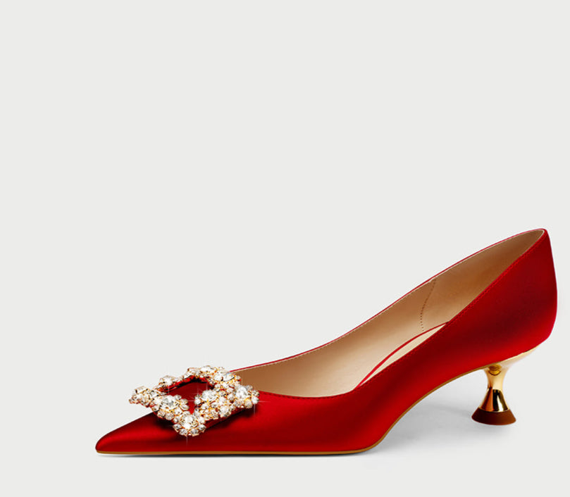 Pjjuu Satin white Bridal Wedding low red kitten gold heel pumps - Anna