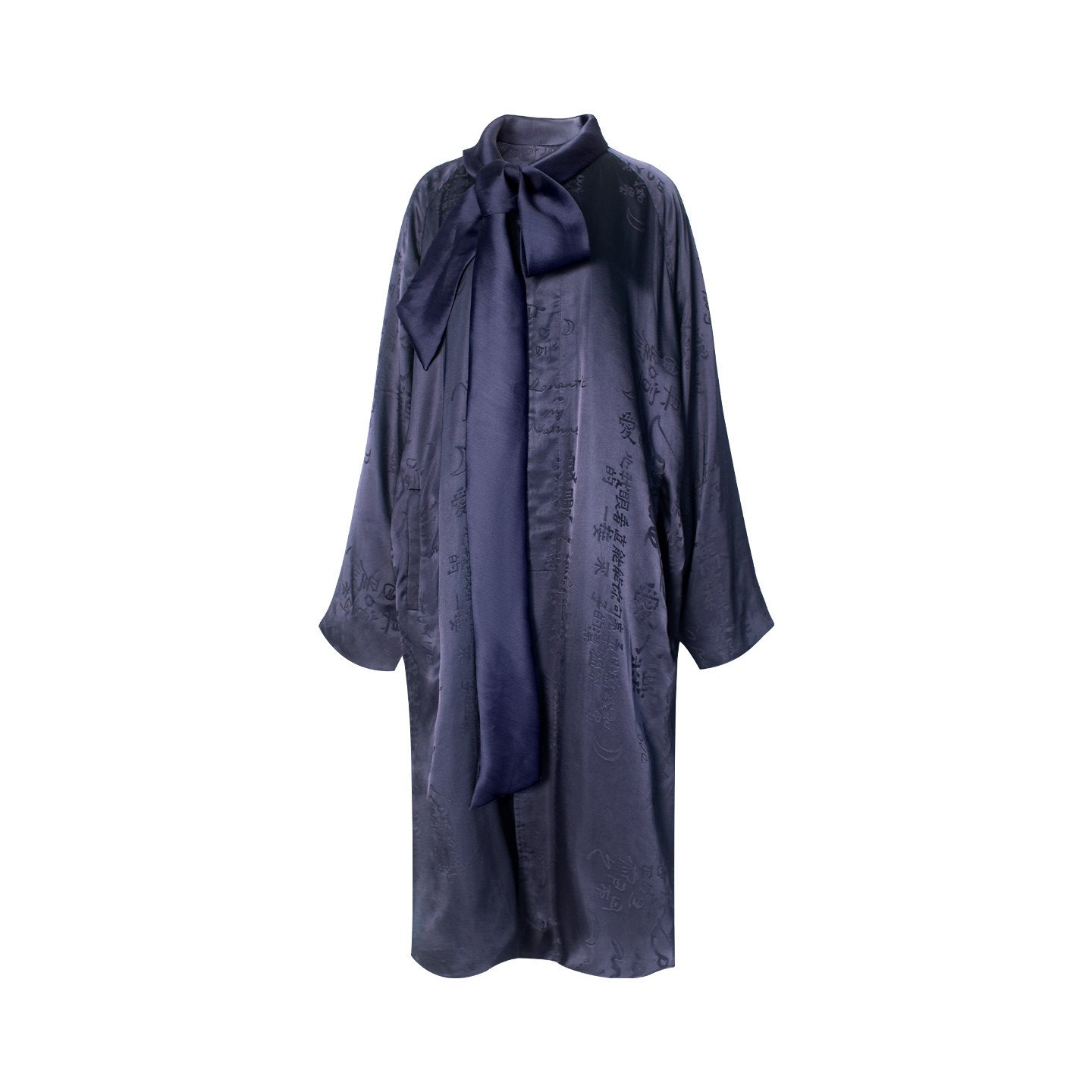 TUYUE Dark Blue Silk Streamer Satin Silhouette Long Trench Coat - BONNIE.