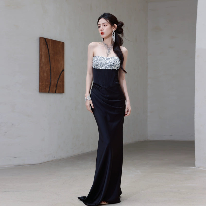 DOLLY High End Black Rhinestone Bandeau Long Pleated Cocktail Dress-TEGA S / Black DOLLY High End Black Rhinestone Bandeau Long Pleated Cocktail Dress-TEGA S / Black