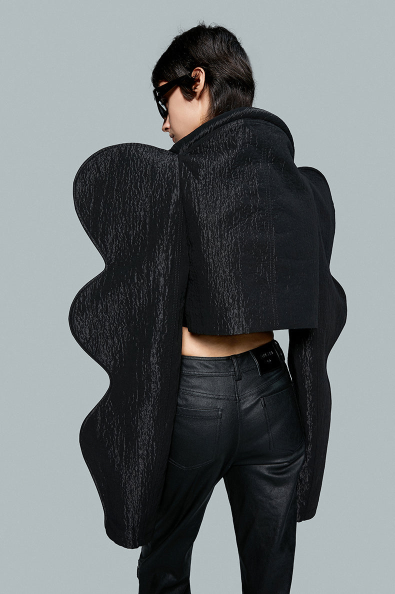 ANNAKIKI model black wavy cotton swab long sleeve short coat for women-MICKEY