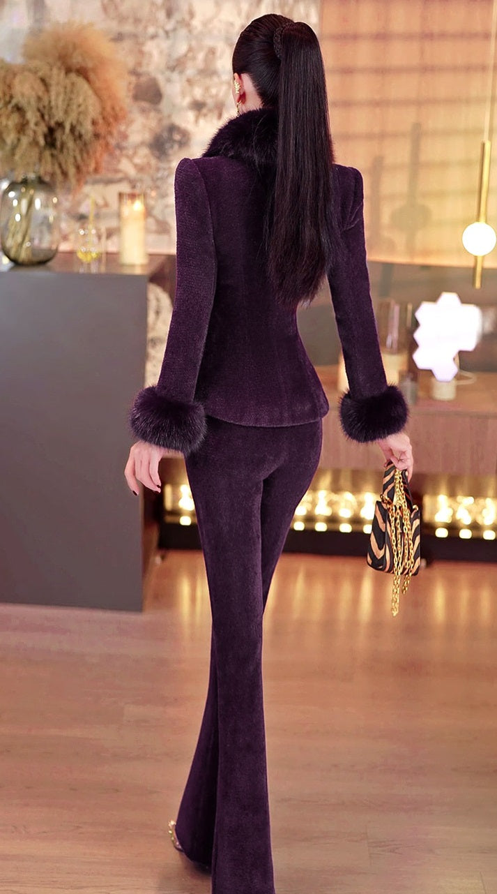 VJE Removable Fur Collar Jacket Micro Flared Pants Two-Piece Set - TED.