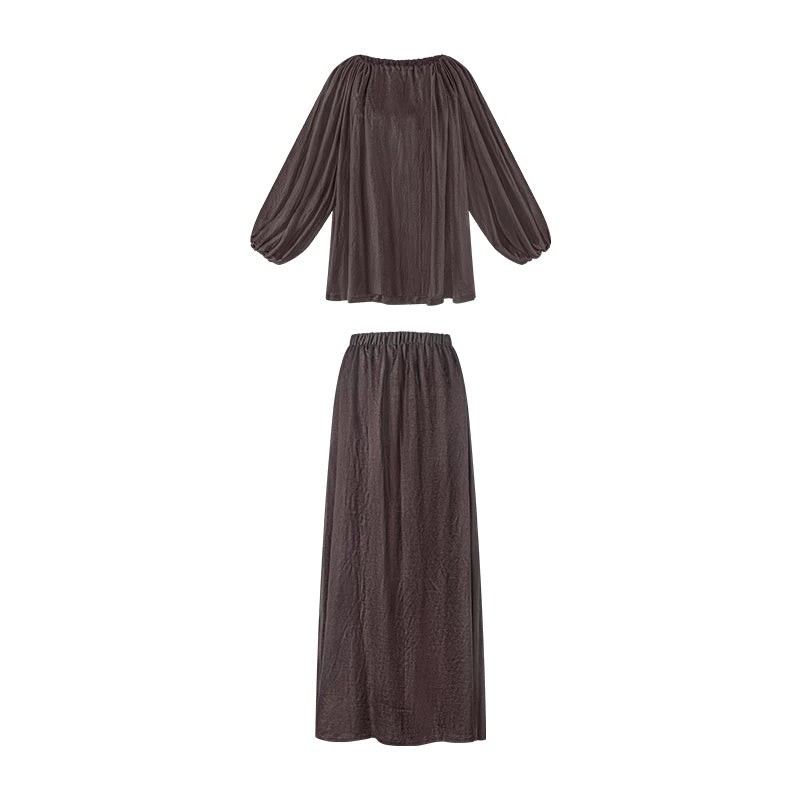 TUYUE Brown texture cotton and linen top and skirt set - NIMO.