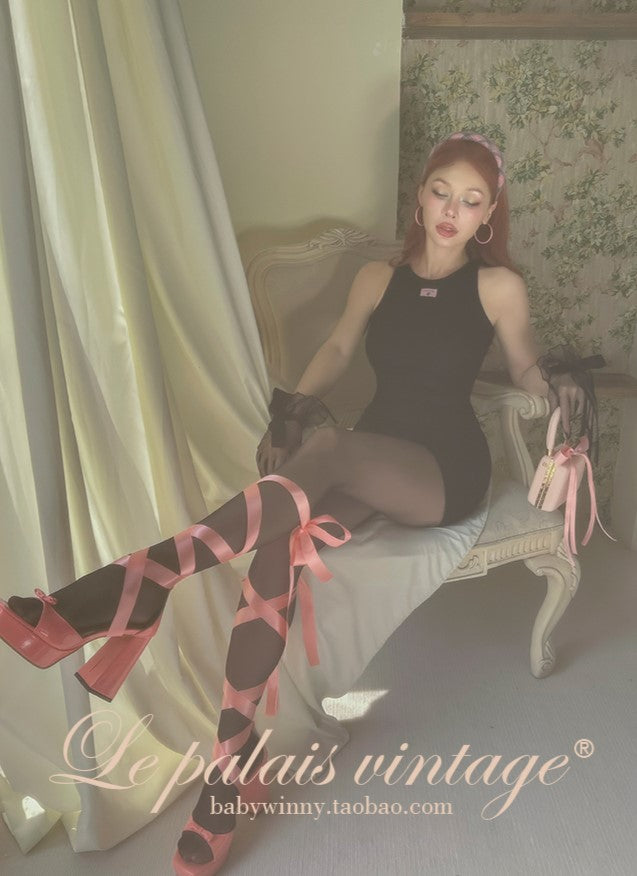 Le Palais Vintage Luxury Pink and Black Block Heel Sandals-Mary Jane