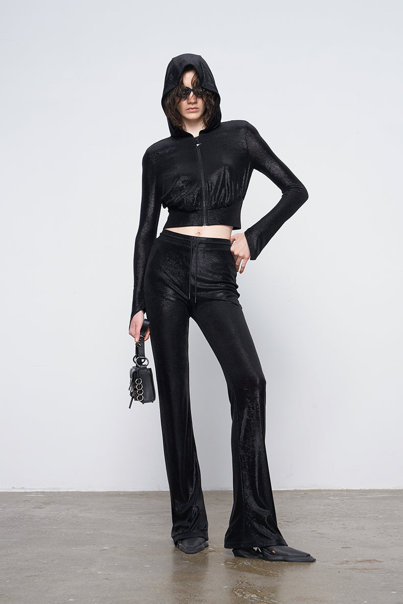 ANNAKIKI Glossy Black Hot Diamond Horseshoe Pants Women's Bootcut Pants-FUMI