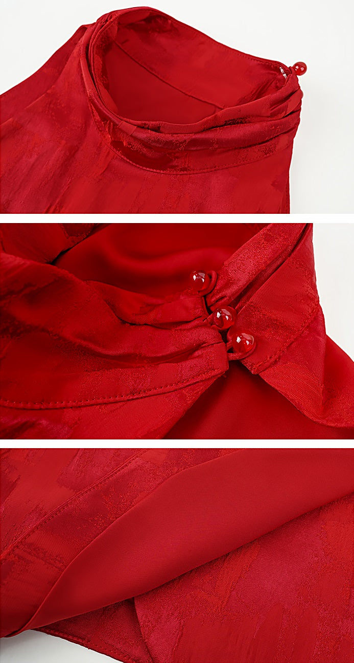 HECO Jacquard Cross Slit Pile Collar Red White Purple Crop Top Women - WORSHIP.