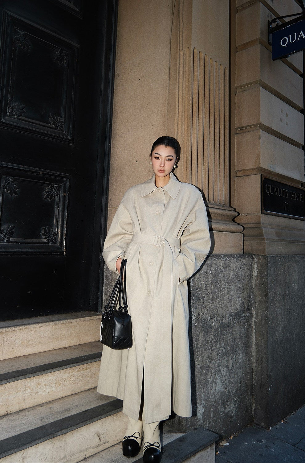 MEI SANGUAN lace-up long trench coat - ASTER