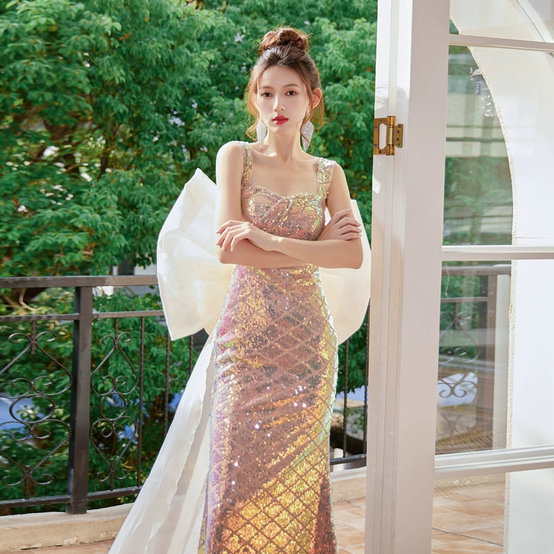 DOLLY Elegant V-Neck Sleeveless High Waist Long Fish Tail Banquet Dress-PHANIE XS / Gradient (bow is detachable)