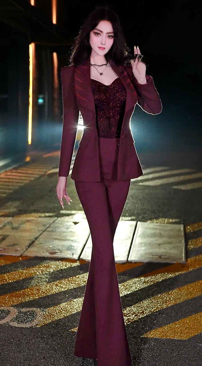 VJE Burgundy Spliced Small Pants Two-Piece Set Suit-HANS.
