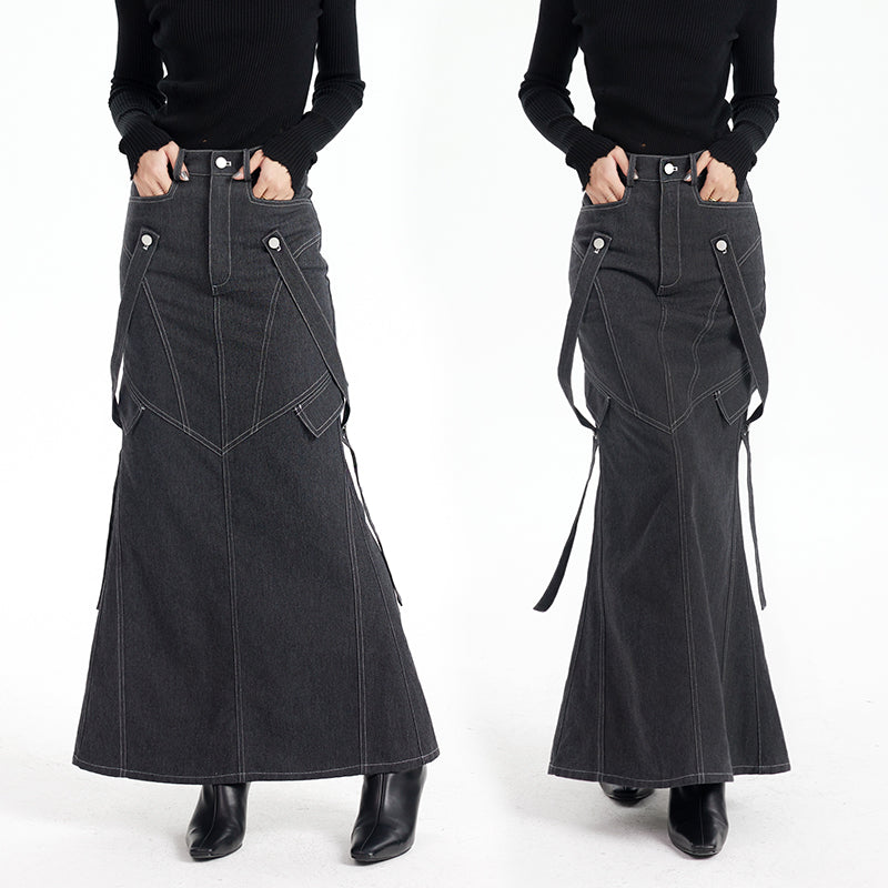 TINY IN imitation denim lace high waist slit fishtail skirt-COCO