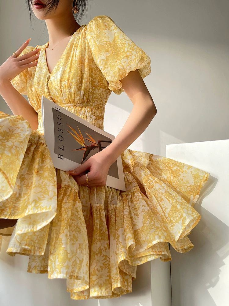 Aconiconi Elegant Yellow V-NeckPuff Sleeve Vacation Dress- Manshan Aconiconi Elegant Yellow V-NeckPuff Sleeve Vacation Dress- Manshan