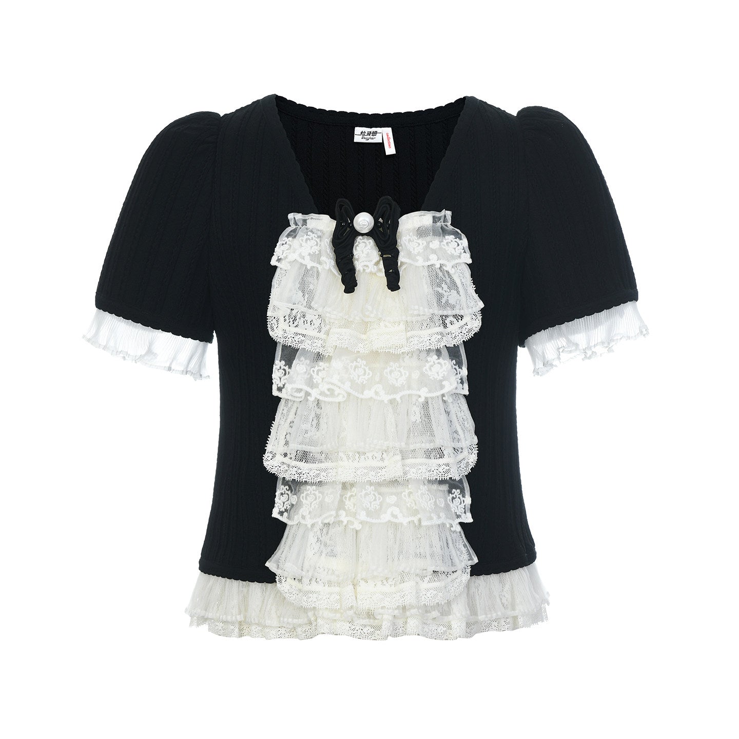 FAME multi-layer ruffled patchwork knitted top contrasting bow - AISHA