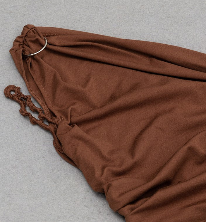 DOLLY High End Caramel Coffee Slant Collar Sleeveless High Waist Long Dinner Dress-CALYPSO (V)