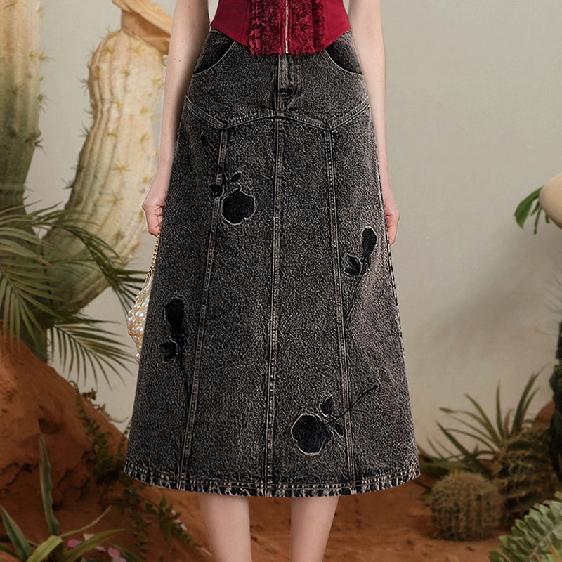 CHECOCRE summer new one-shoulder lace knit top embroidered rose denim suit skirt - HEART.