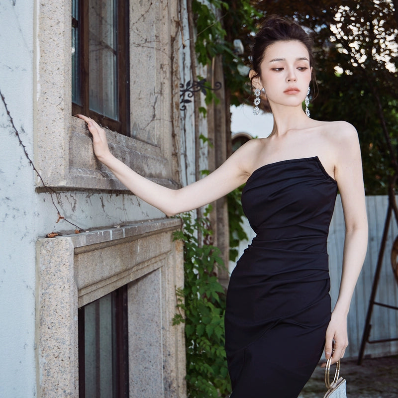 womens black mary jane dress shoes DOLLY Luxury Black Retro Chest Wrap Sleeveless Pleated Slim Fit Mermaid Dinner Dress-IVORY L / Black