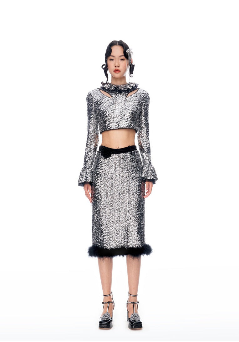 High-end silver sequin feather embellished long pencil cocktail skirt  + top set