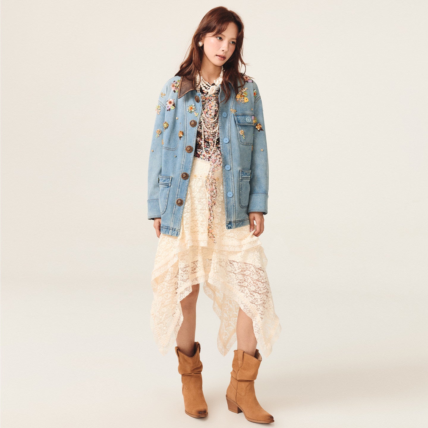 FAME Bahn-style floral beaded denim jacket - LYLA