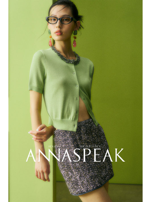 AnnaSpeak Luxury Plain Round Neck Short Sleeve Diamond Encrusted Shirt-Mo