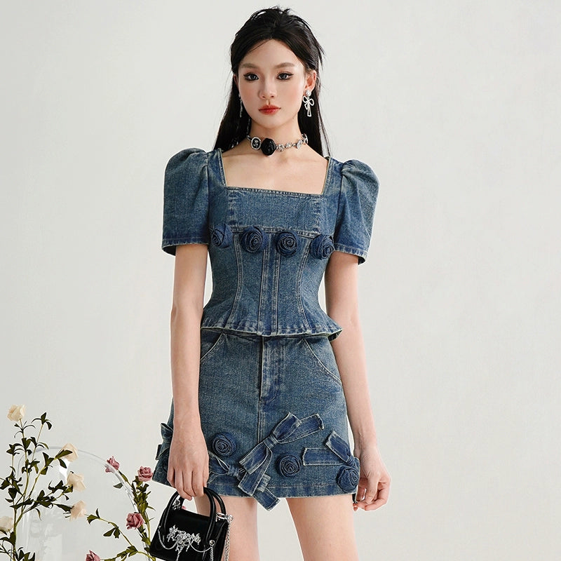 CHECOCRE Stubble Sweet Cool Girly Suit Hakama Denim Skirt Set- INDEFIN