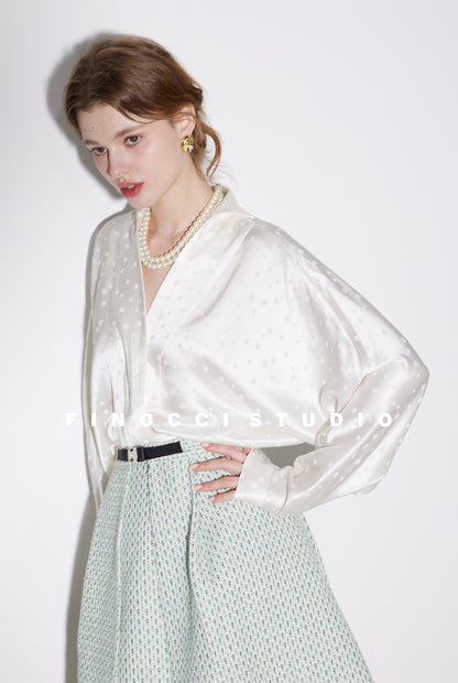 Elegant quality Acetate jacquard satin gloss minimalist bat sleeve shirt - Josephine