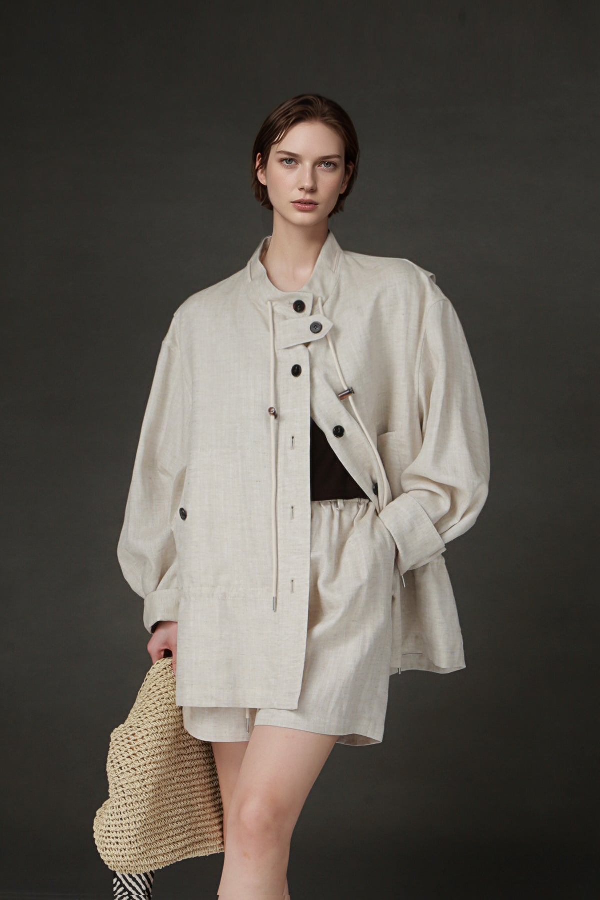 PIAOIN Light Luxury Tencsel Linen Elasticated Waist Drawstring Shorts Versatile Straight Pant-AMELIA