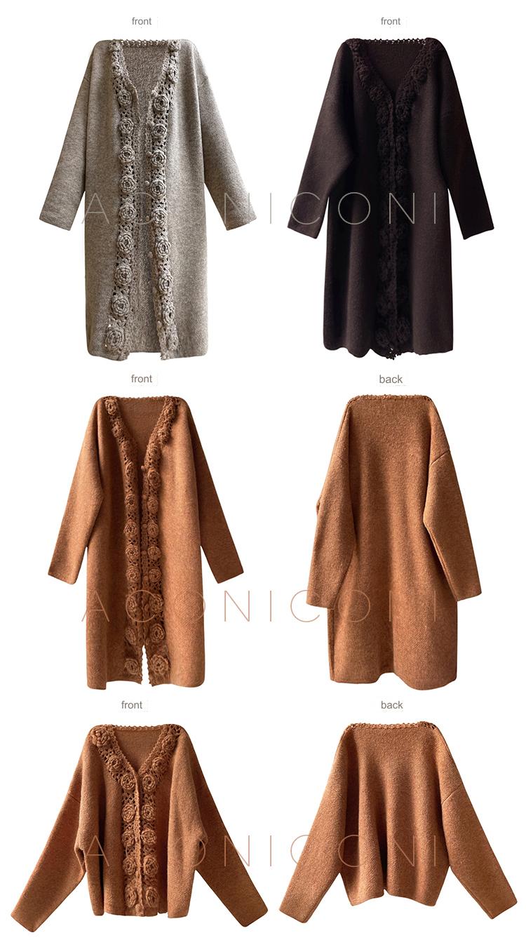 Aconiconi Luxury Loose V-Neck Long Sleeve Crochet Sweater - Camellia in the Fields