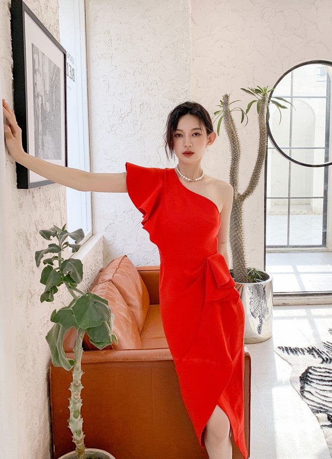 DOLLY Elegant Stylish Ruffle Off Shoulder Slim Fit Midi Slit Dinner Dress-LEOLA