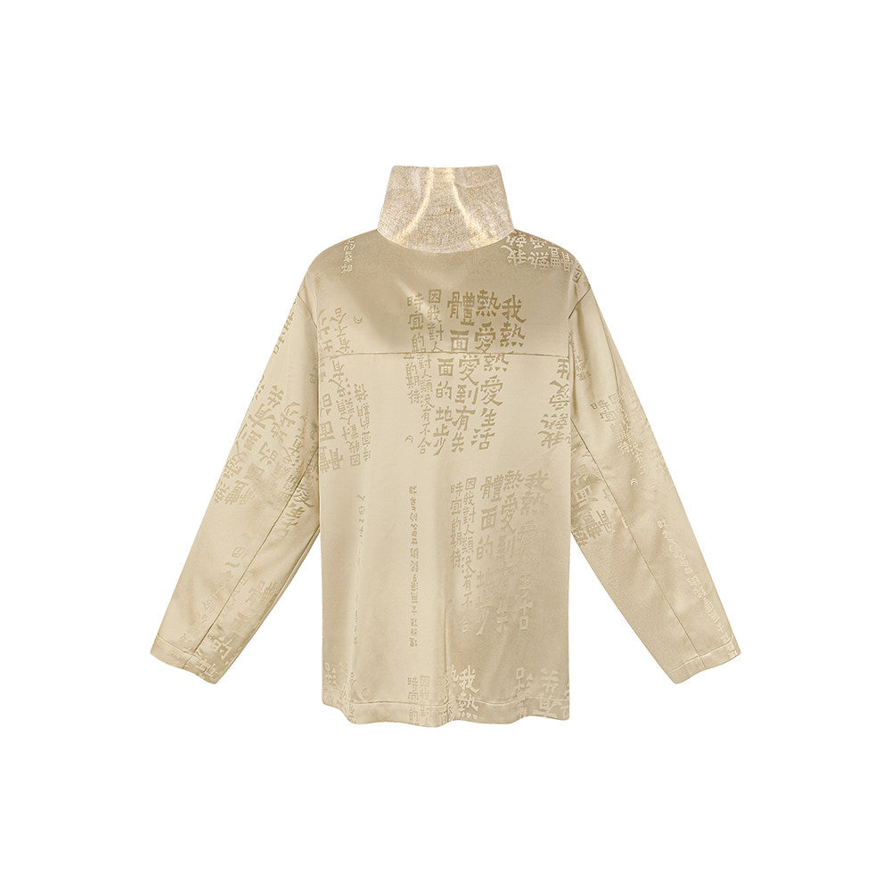TUYUE Satin Calligraphy Dark Pattern High Neck Breasted Straight Shirt- KAYLA.