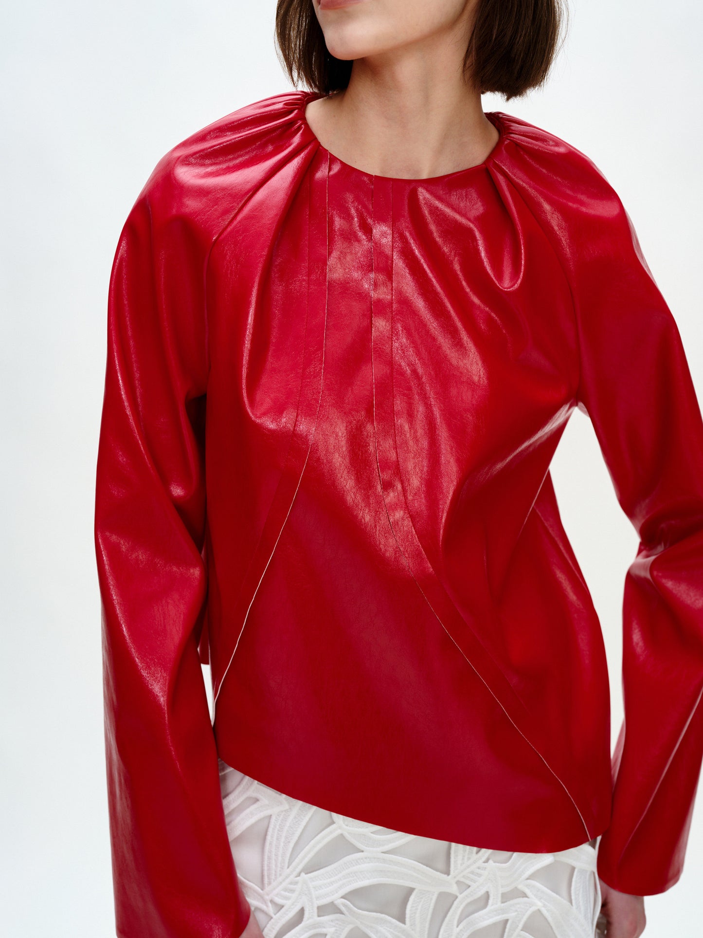 SERRER Red long sleeved leather shirred asymmetrical top - KOFI.