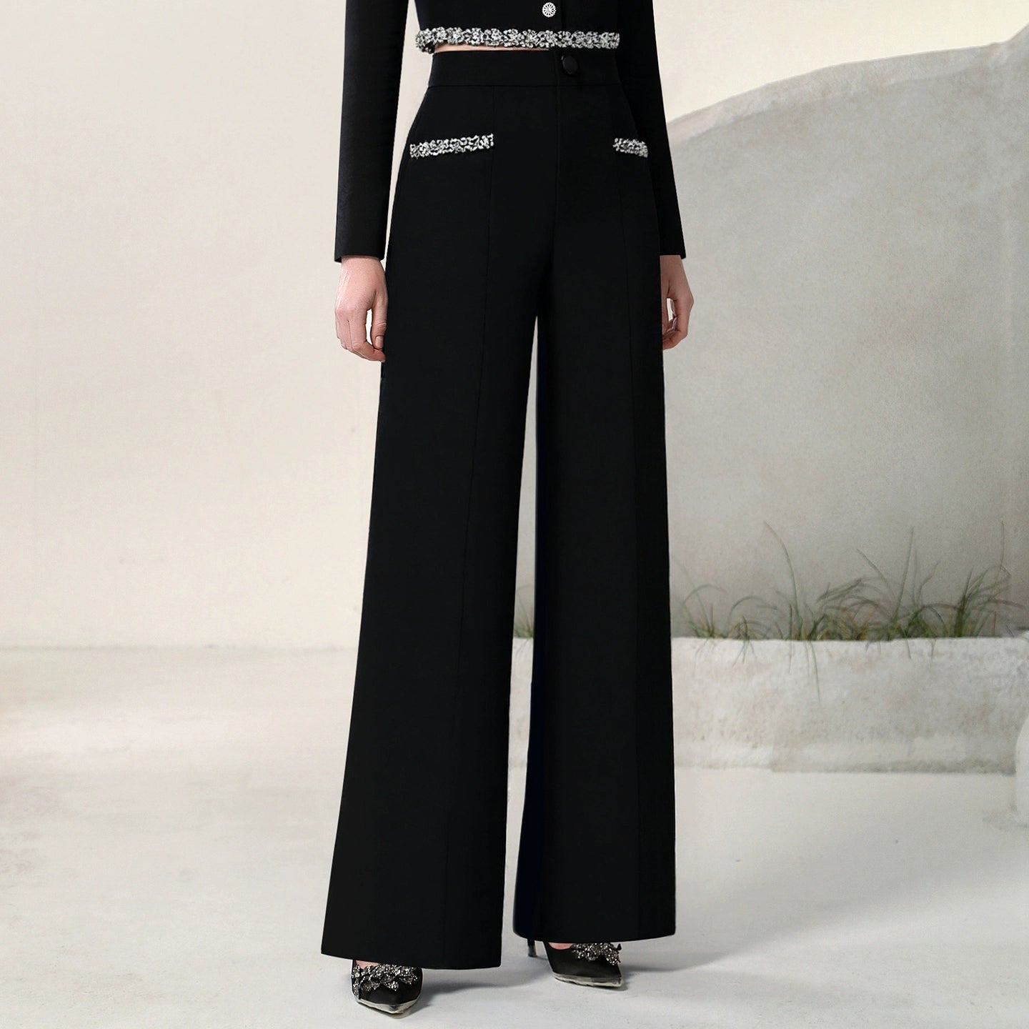 CHECOCRE celebrity style suit fashion diamond chain top high-waisted straight-leg pants - ECHO.