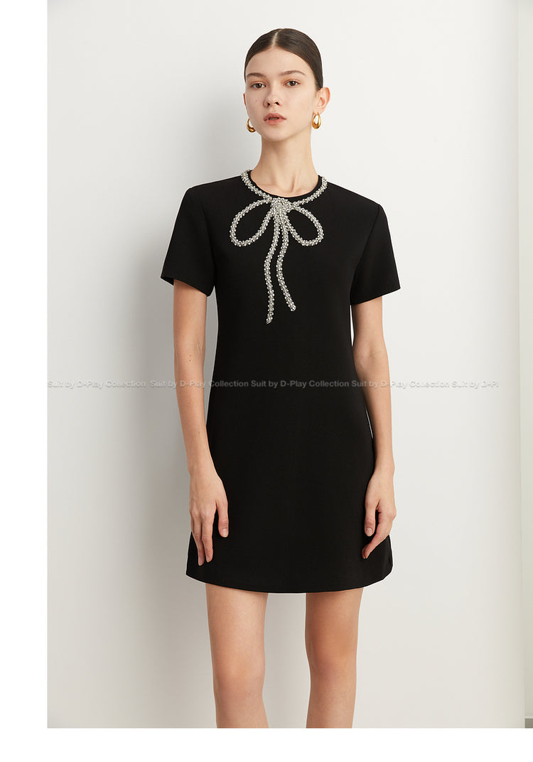 Elegant Minimalist Classic Blackbeaded Neckline Dress - Socialite Elegant Minimalist Classic Blackbeaded Neckline Dress - Socialite