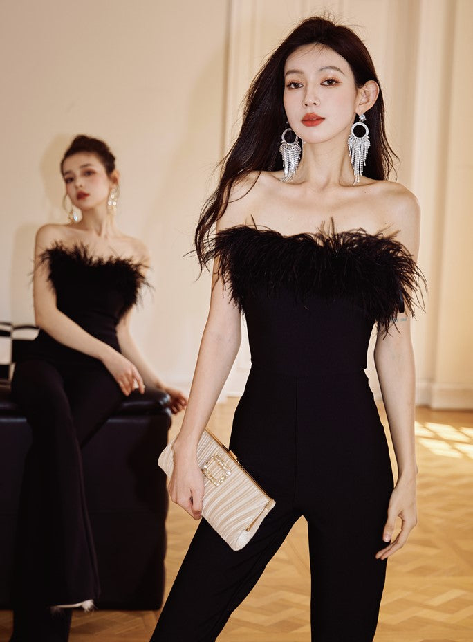 DOLLY High End Black Sleeveless Feather Tube Top Long Flared Pant Jumpsuit-PALMER