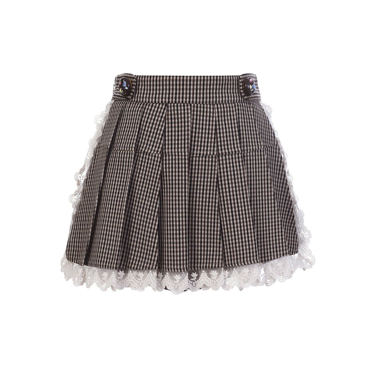 FAME lace paneled embroidered trim plaid pleated skirt - RONAN.
