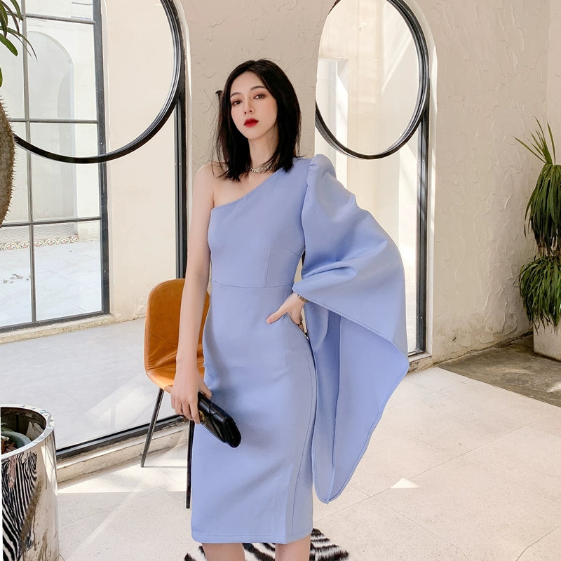 Dolly Elegant One Shoulder Long Trumpet Sleeve Slim Fit Wedding Guest Dress-MALA M / Blue