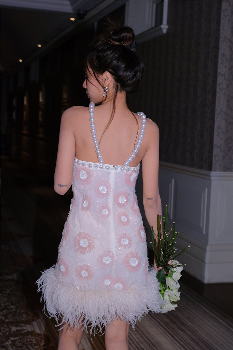 Wardrobes by Chen Luxury Pink Pearl Halter Neck Embroidered Feather Dress-Stacey