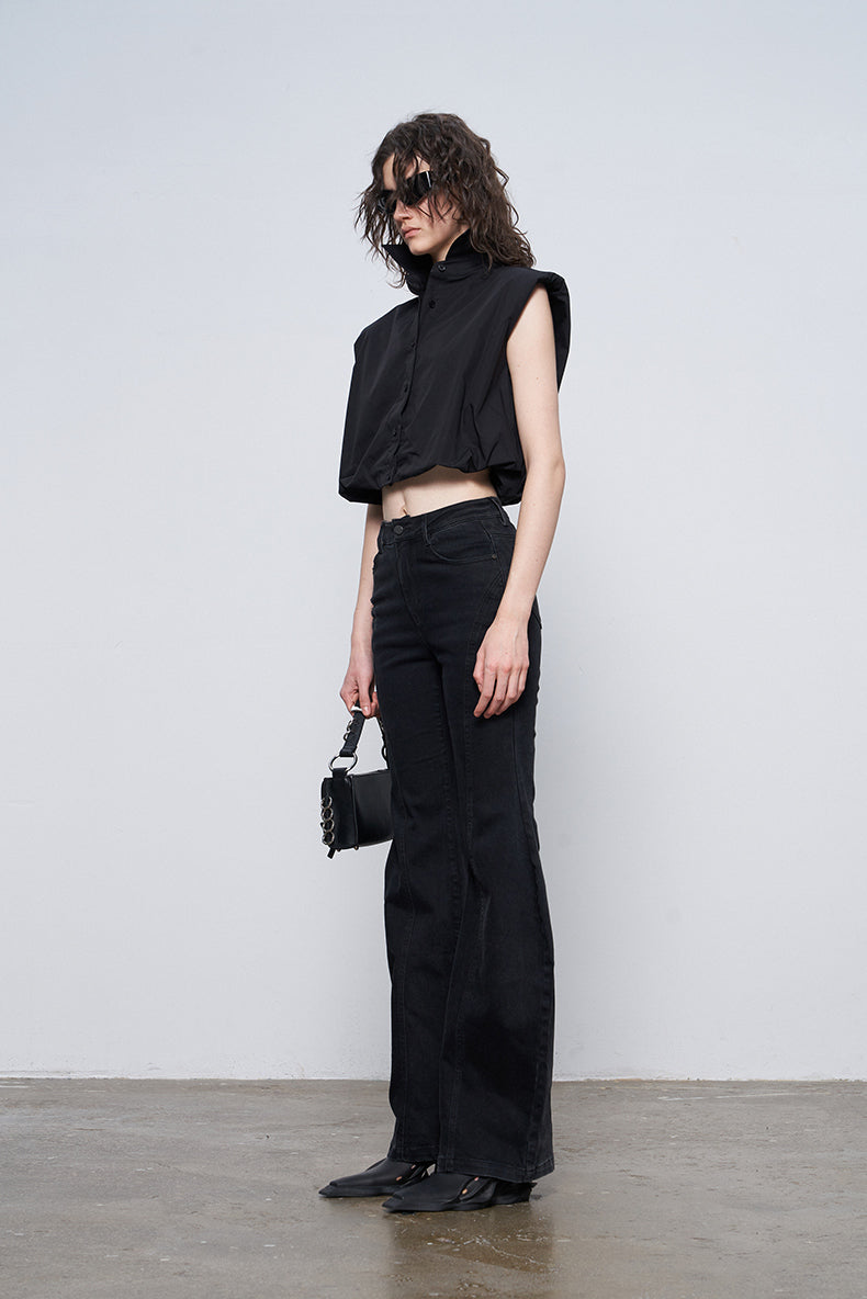 ANNAKIKI Black Wavy Silhouette Slim Denim Wide-Leg Pants-MAPLE