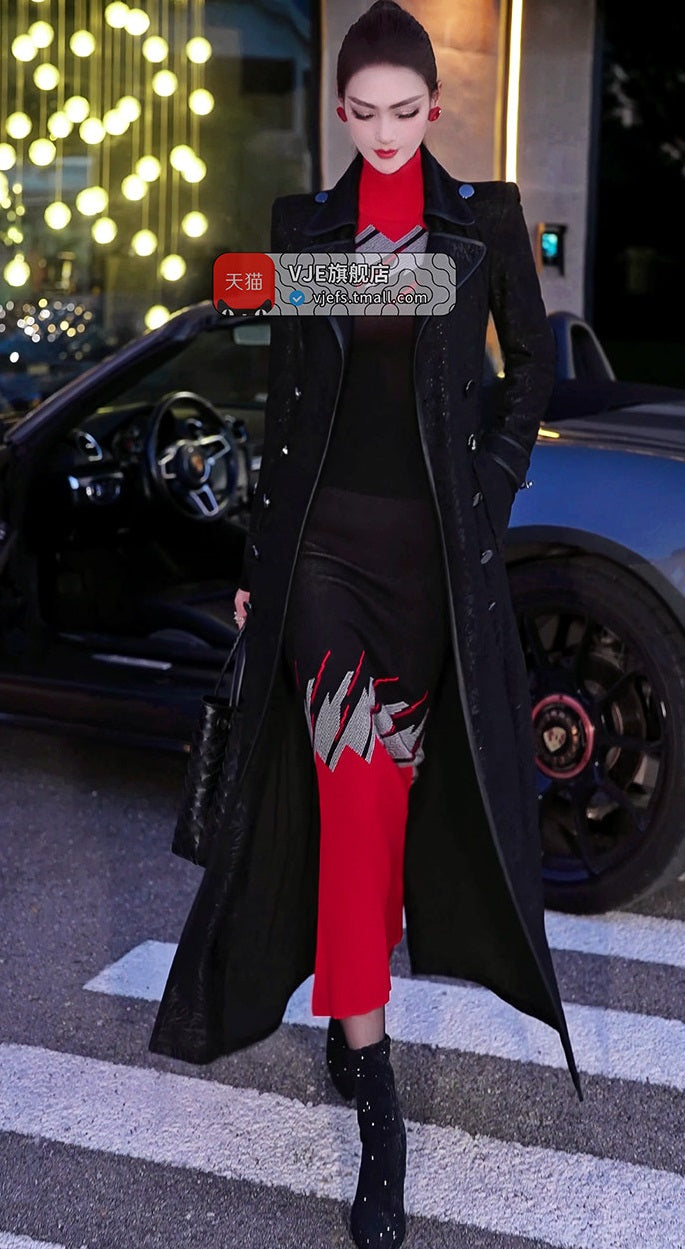 VJE jacquard knitted suit skirt turtleneck top hip skirt two-piece set-DOE.