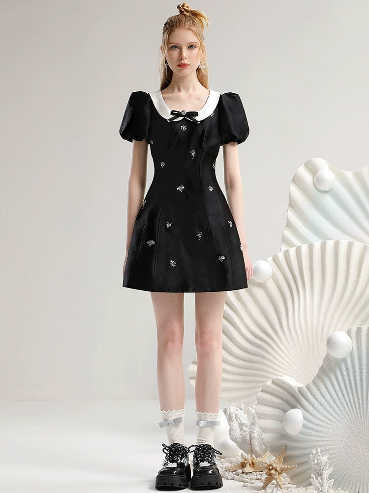 CHECOCORE Elegant Sequin Doll Collar Women's Short Black Dress - LILLY