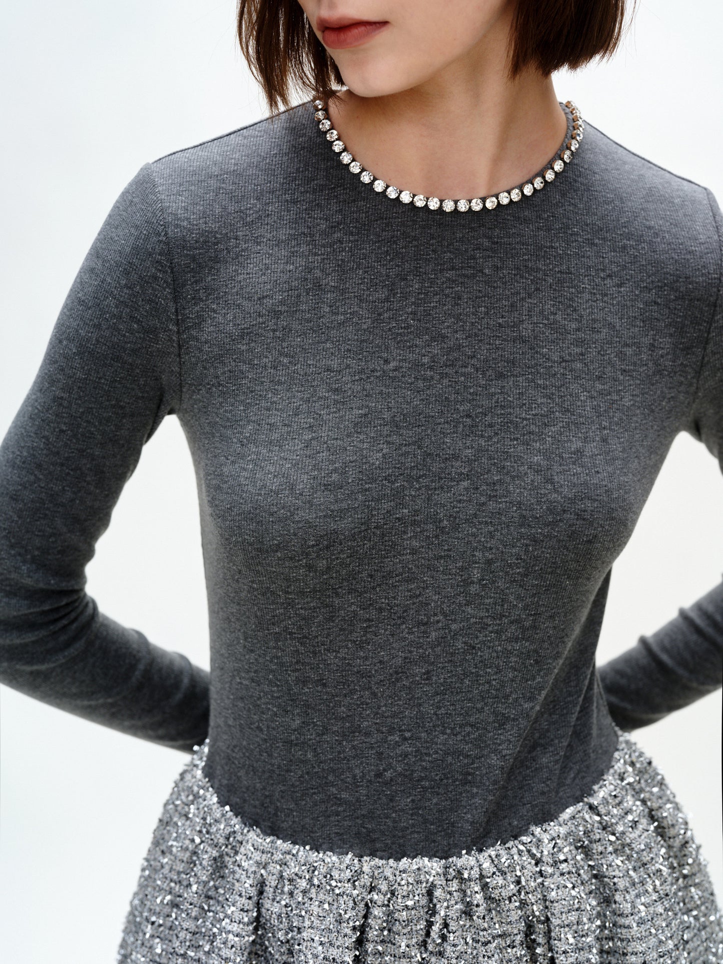 SERRER Grey knitted paneled diamond-encrusted backless dress - ETHAN.