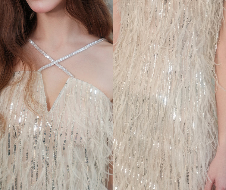 Wardrobes by Chen Luxury Beige Sleeveless V-Neck Mini tassle Party Dress-Emmy