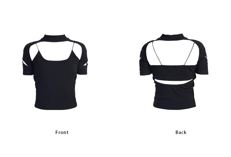 TINY IN cut-out high neck u-neck short sleeve fake two-piece top - COM