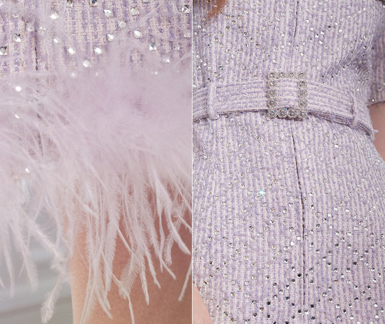 Wardrobes by Chen Elegant Purple Polo Collar Short Sleeve Feather Dress- Boa