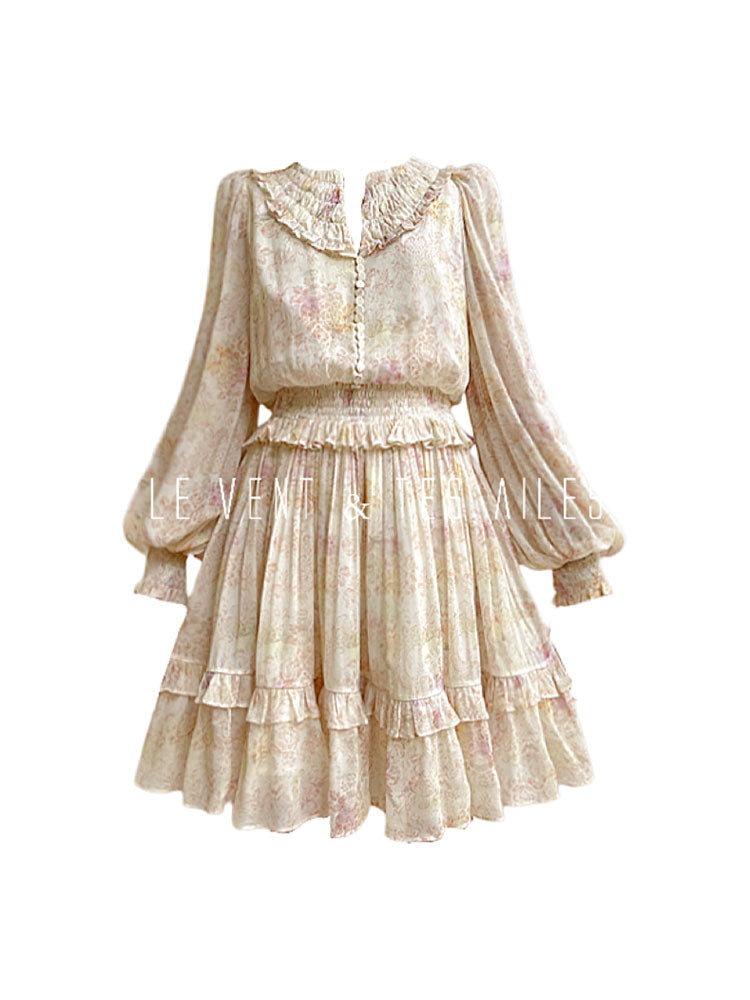 LE VENT&TES AILES vintage French print elegant flora silk cinched waist dress-ZITA