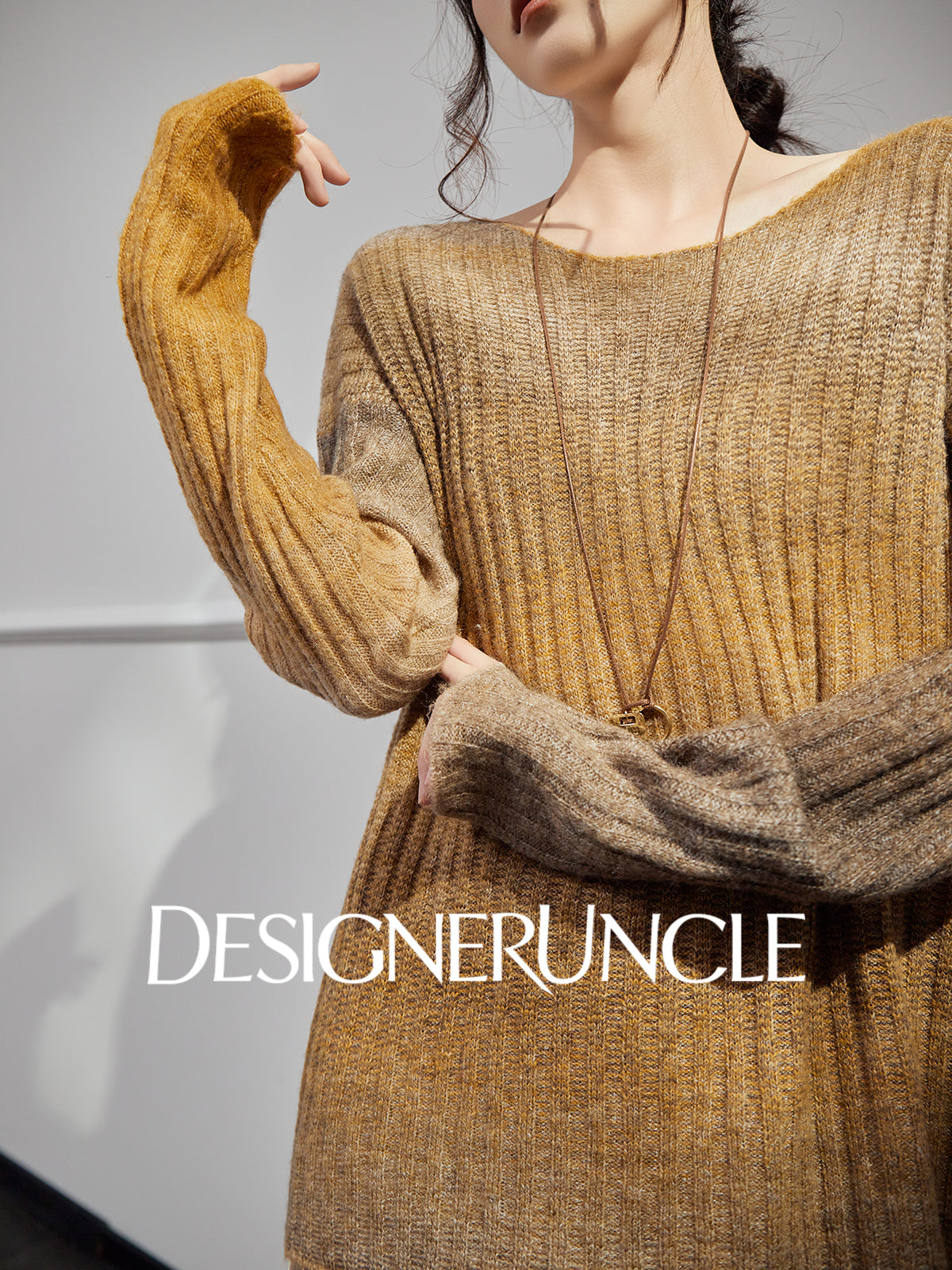 DGU "Tan Oak" khaki wool knitted new versatile slimming high-end design top - Noa.
