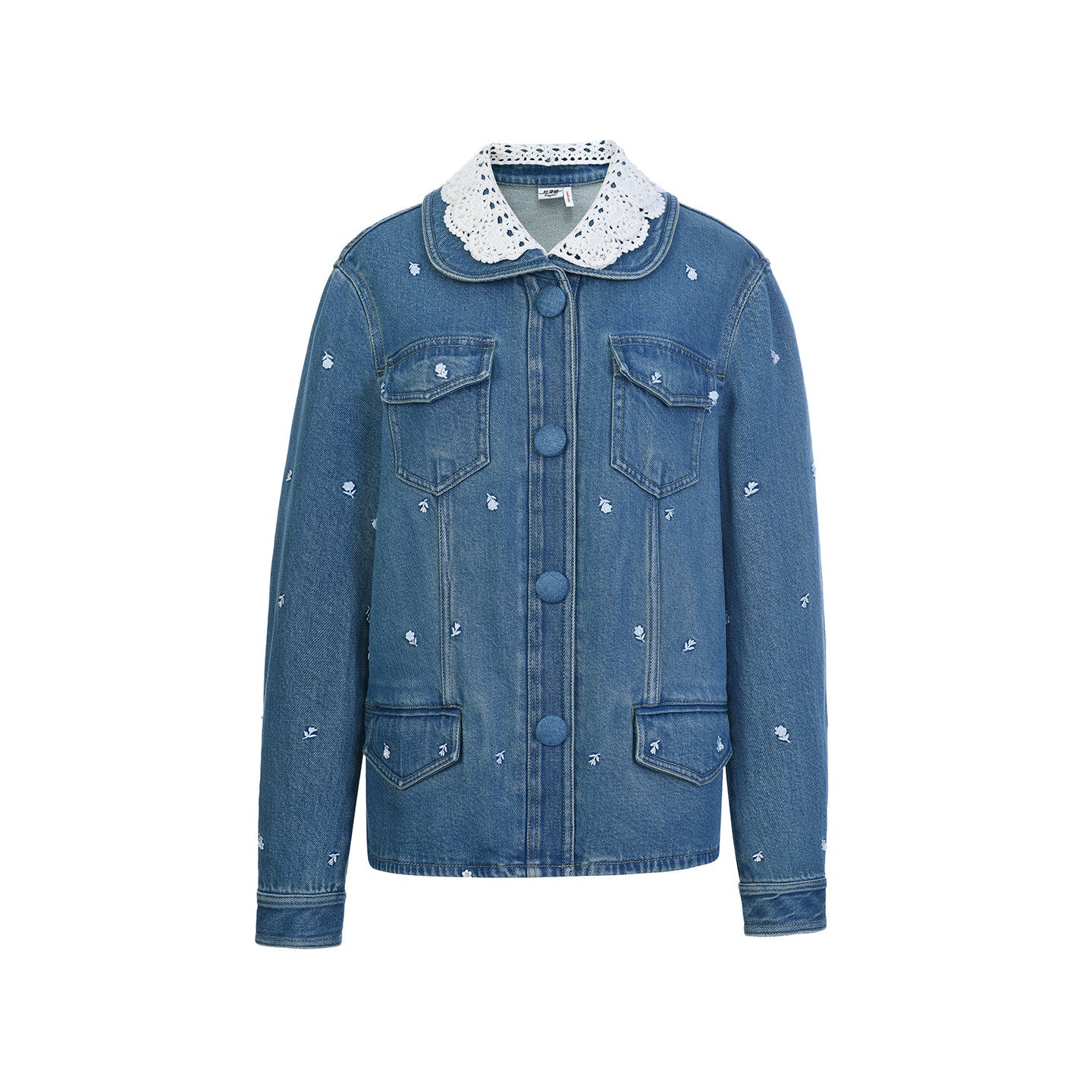 FAME Beaded Three-Dimensional Flower Embroidery Cargo Denim Jacket Top - BYRON.