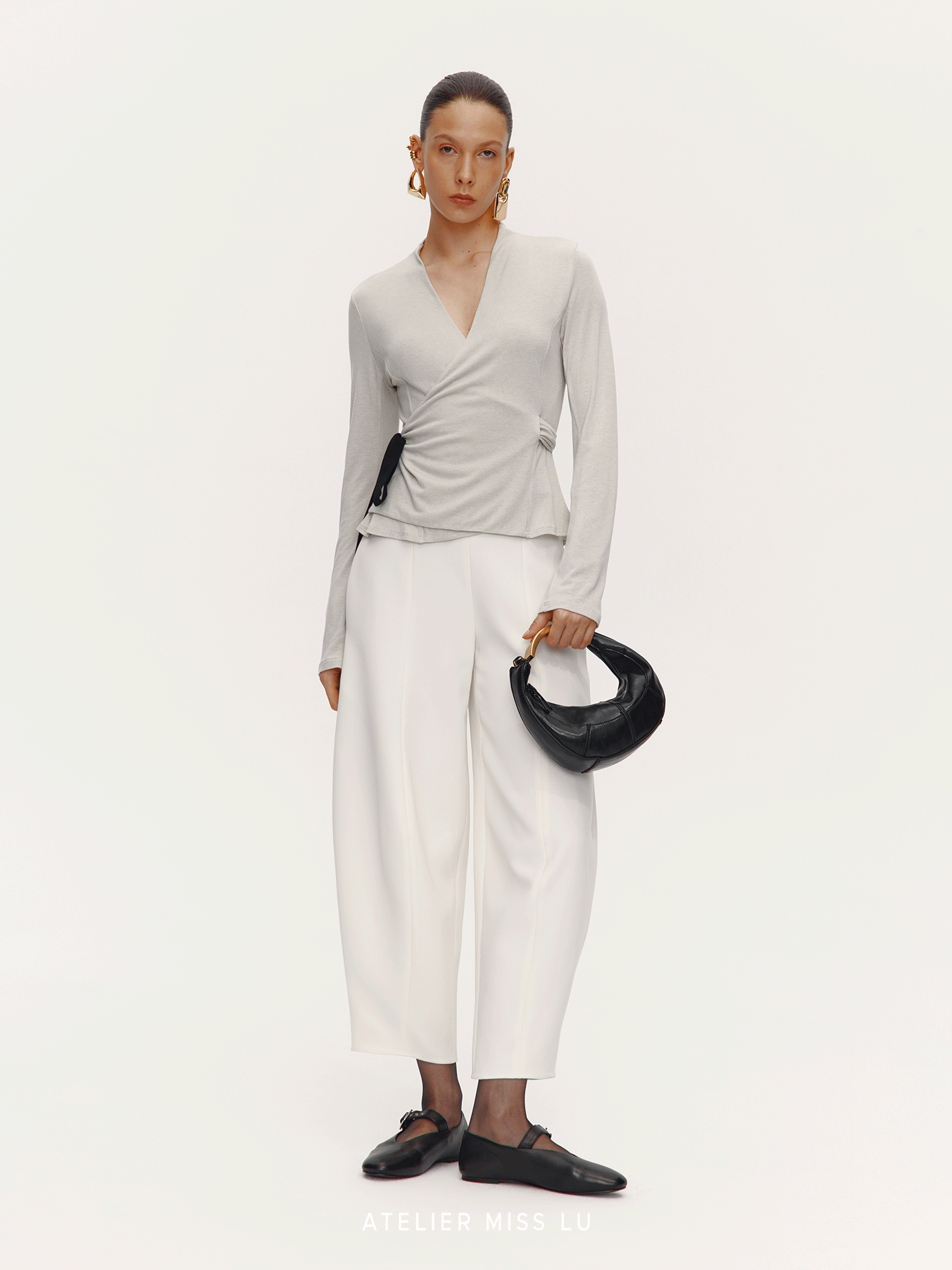 ATELIER MISS LU Lace-up Design Soft Waxy Knit Wrap Top - PEA